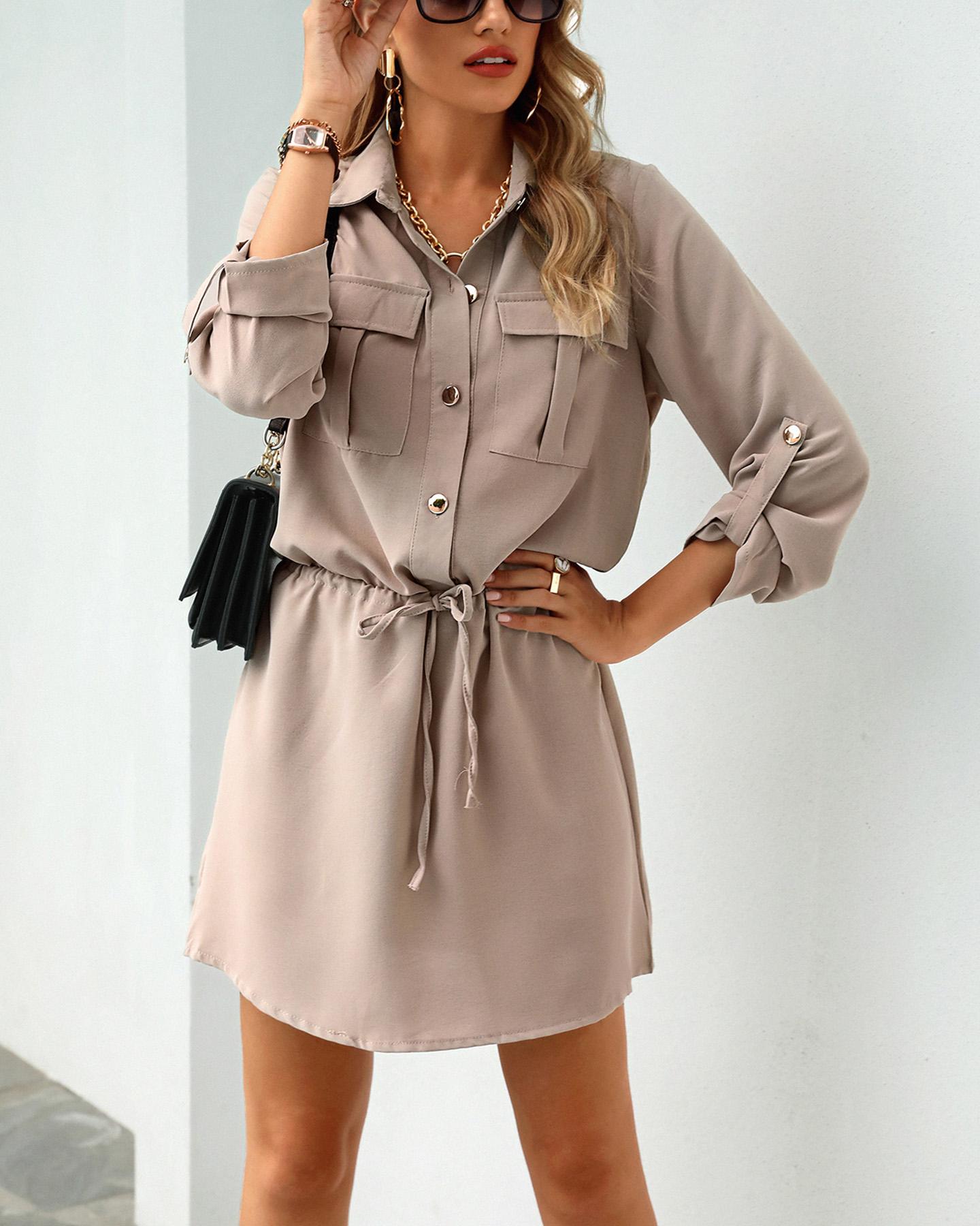 

Solid Drawstring Roll-up Sleeve Shirt Dress, Pink