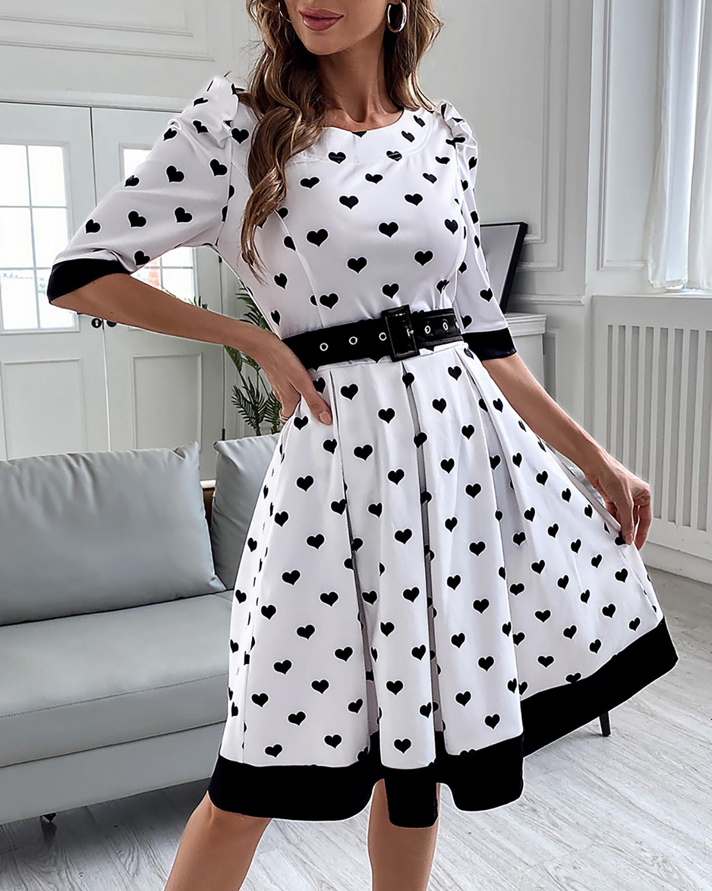 

Heart Print Half Sleeve Casual Dress, White