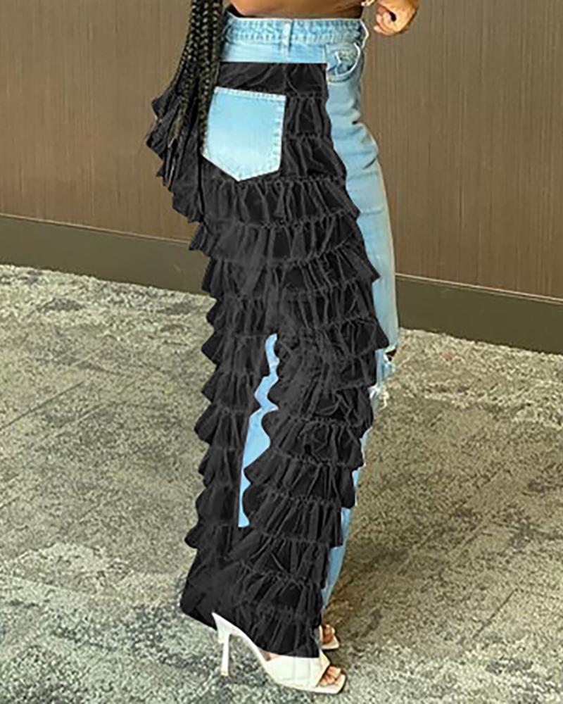 

Ruffles Sheer Mesh Cutout Denim Bootcut Pants, Black