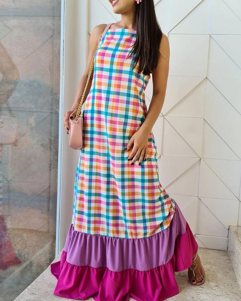 

Plaid Colorblock Rufles Tank Dress, Multicolor