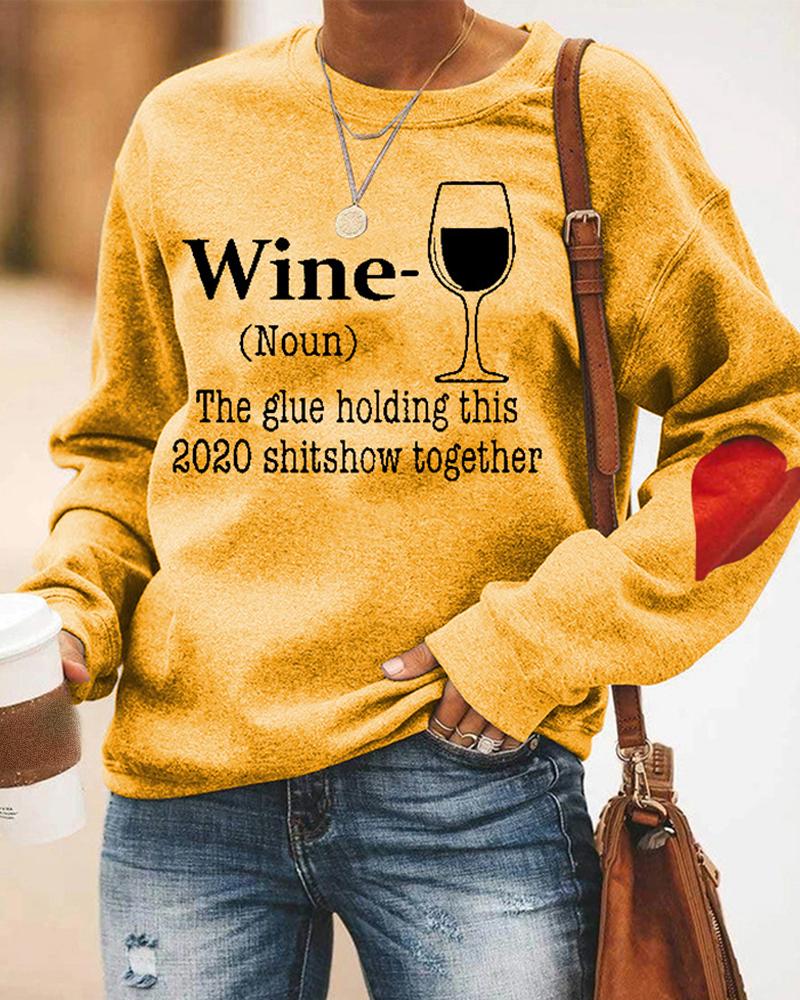 

Letter Graphic Heart Print Long Sleeve Sweatshirt, Yellow