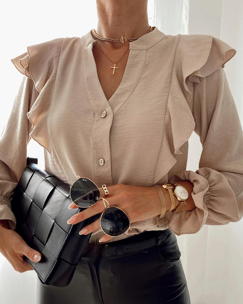 

Ruffles Button Design Bell Sleeve Casual Shirt, Khaki