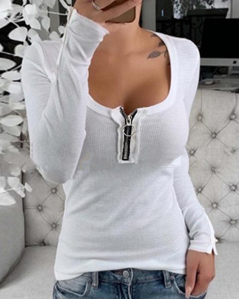 

U-neck Solid Long Sleeve Zipper Blouse, White