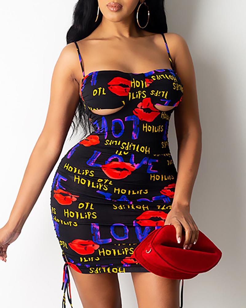 

Lip Print Spaghetti Strap Round Neck Bodycon Dress, Black