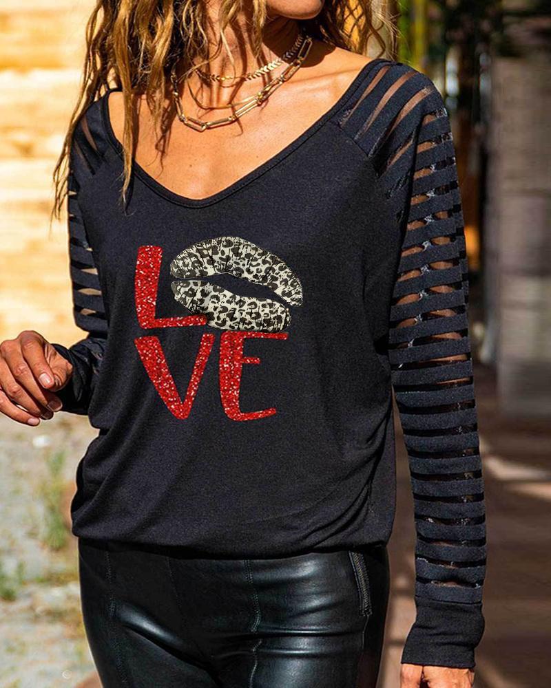 

Letter Lip Print Sheer Mesh Long Sleeve Top, Black