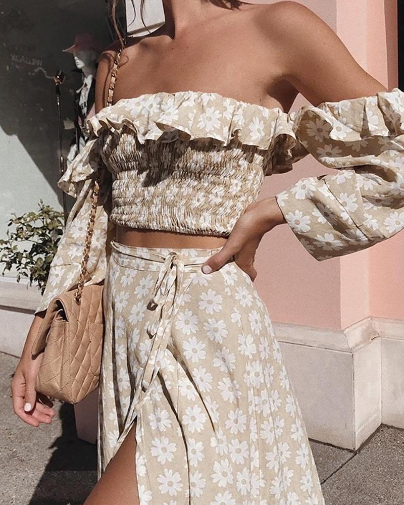 

Off Shoulder Daisy Print Frill Hem Top & Slit Maxi Skirt Set, Khaki