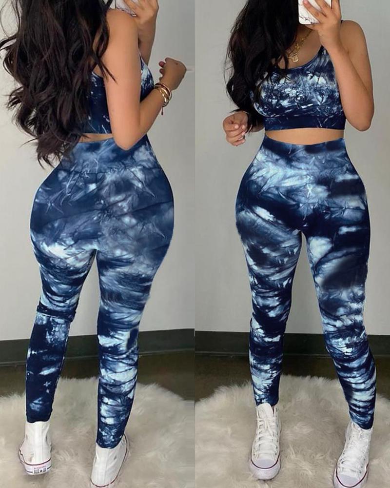 

Tie Dye Print Crop Top & High Waist Pants Set, Blue