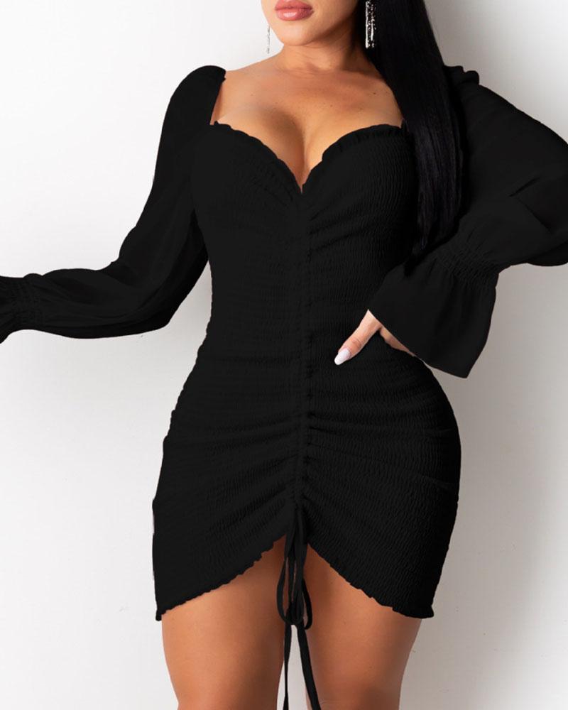 

Shirring Ruched Frill Hem Long Sleeve Dress, Black