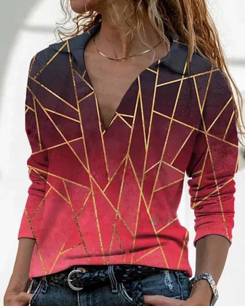 

Abstract Striped V-neck Long Sleeve Casual Blouse, Red
