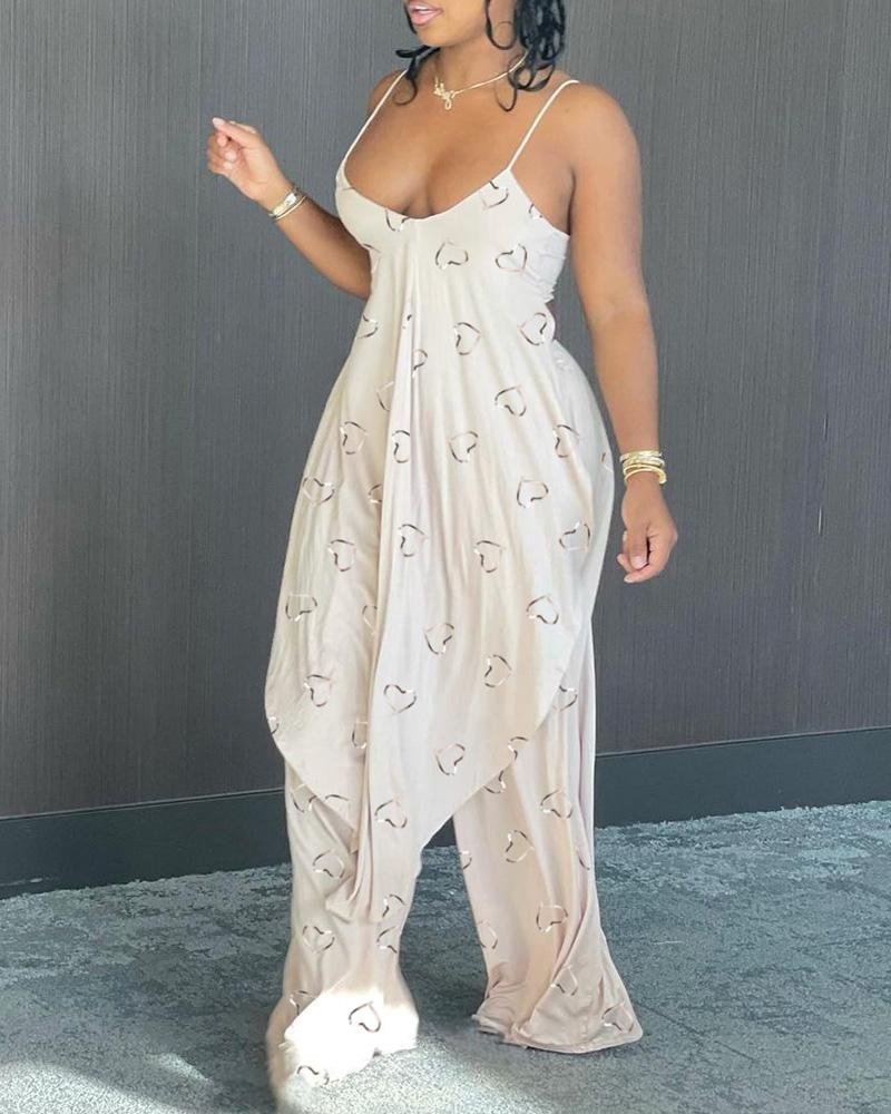 

Heart Print Irregular Top & Pants Set, Beige