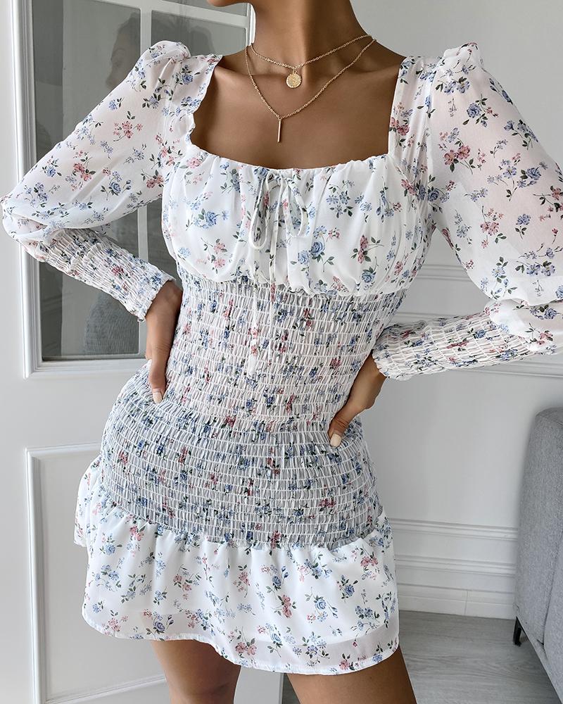 

Floral Print Puff Sleeve Ruffles Bodycon Mini Dress, White