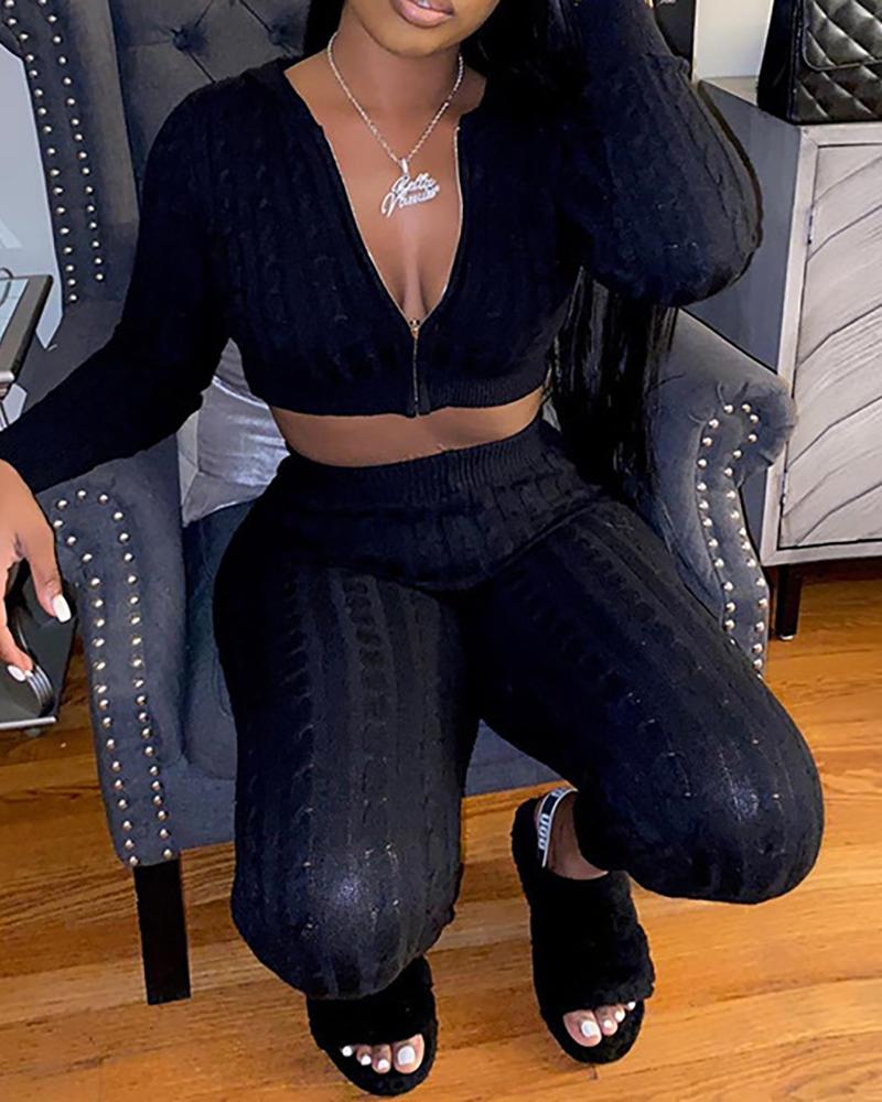 

Zipper Design Hooded Crop Top & High Waist Pants Set, Black