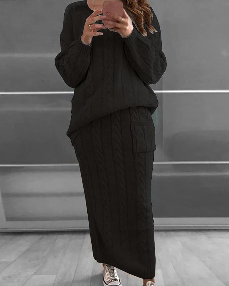 

Cable Knit Long Sleeve Top & Skirt Set, Black