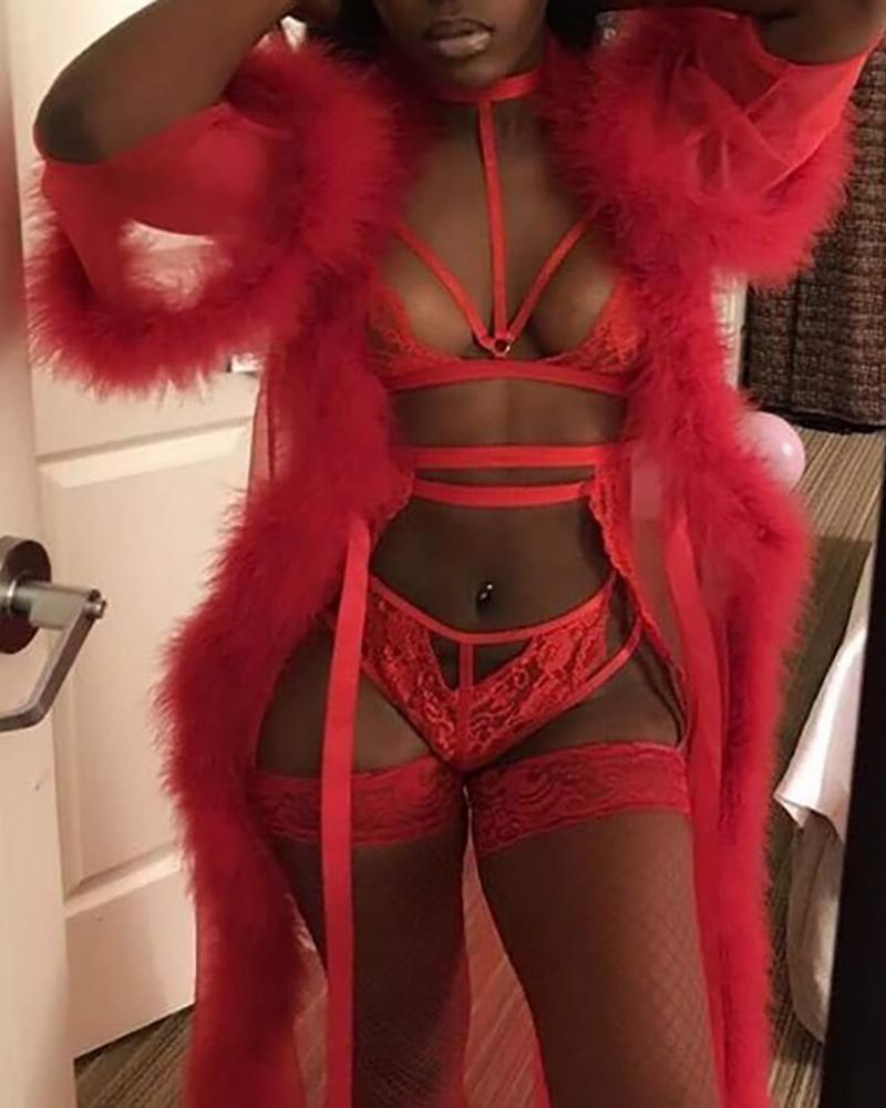 

Feather Detail Mesh Plain Robe With Panty, Red