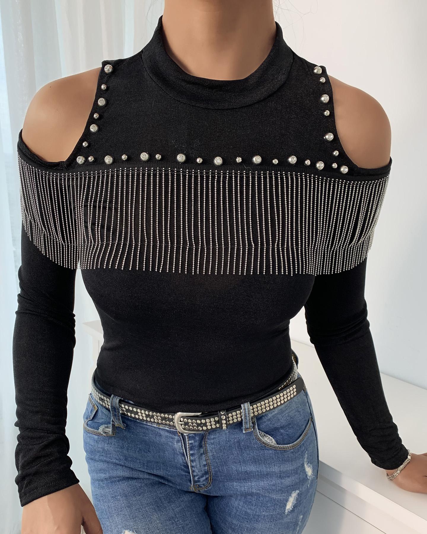 

Beaded Tassel Cold Shoulder Top, Black