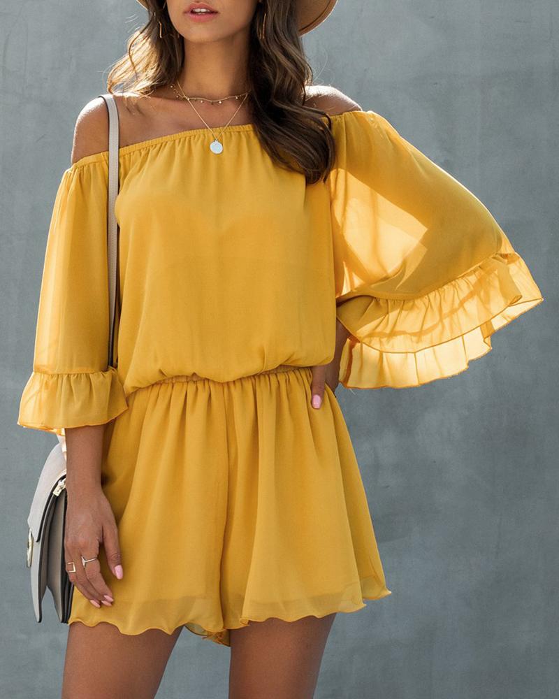 

Off Shouler Ruffles Long Sleeve Casual Romper, Yellow