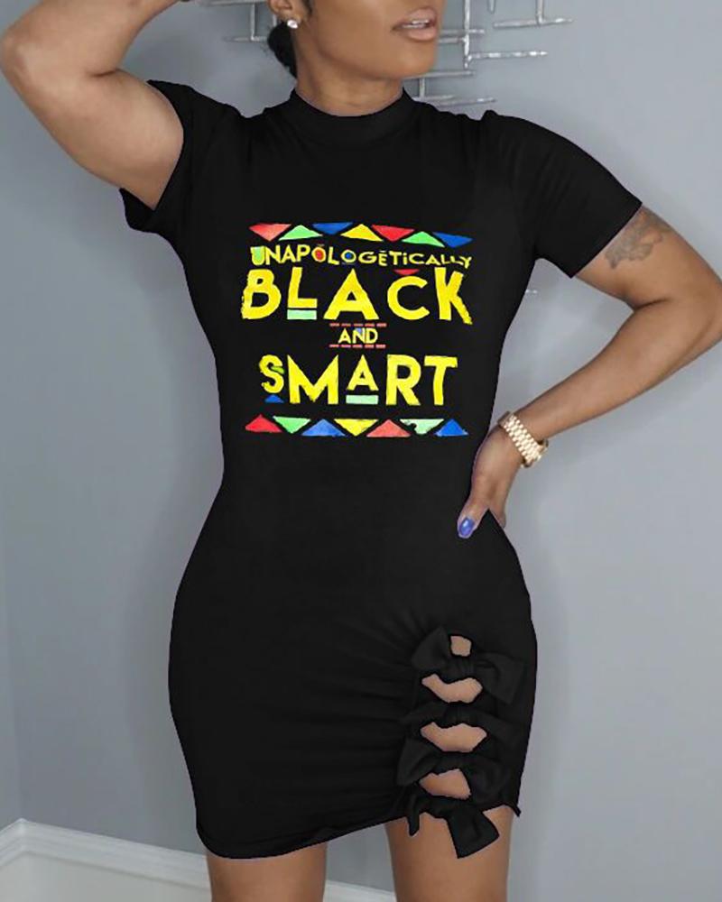 

Letter Print Cut Out Knotted Dress, Black