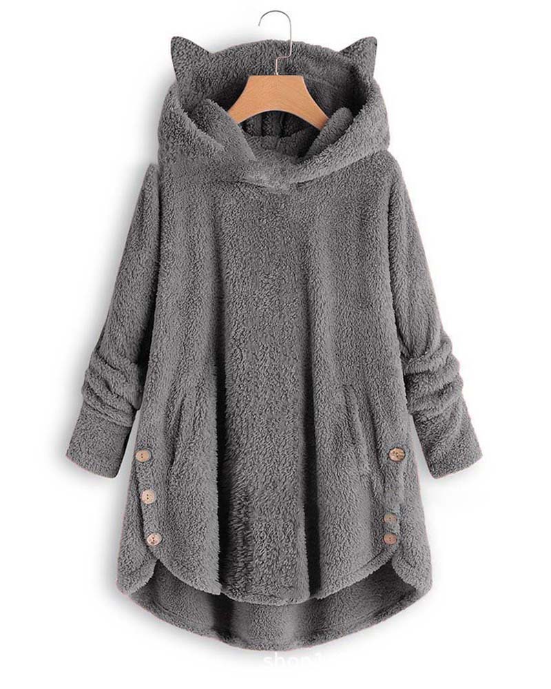

Plain Button Design Teddy Hooded Coat, Gray