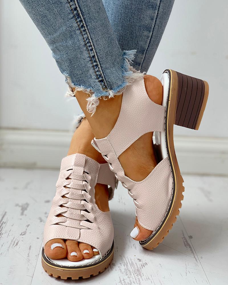 Fashion Peep Pink Splicing Sandals Chunky Sheepskin Toe main image 1