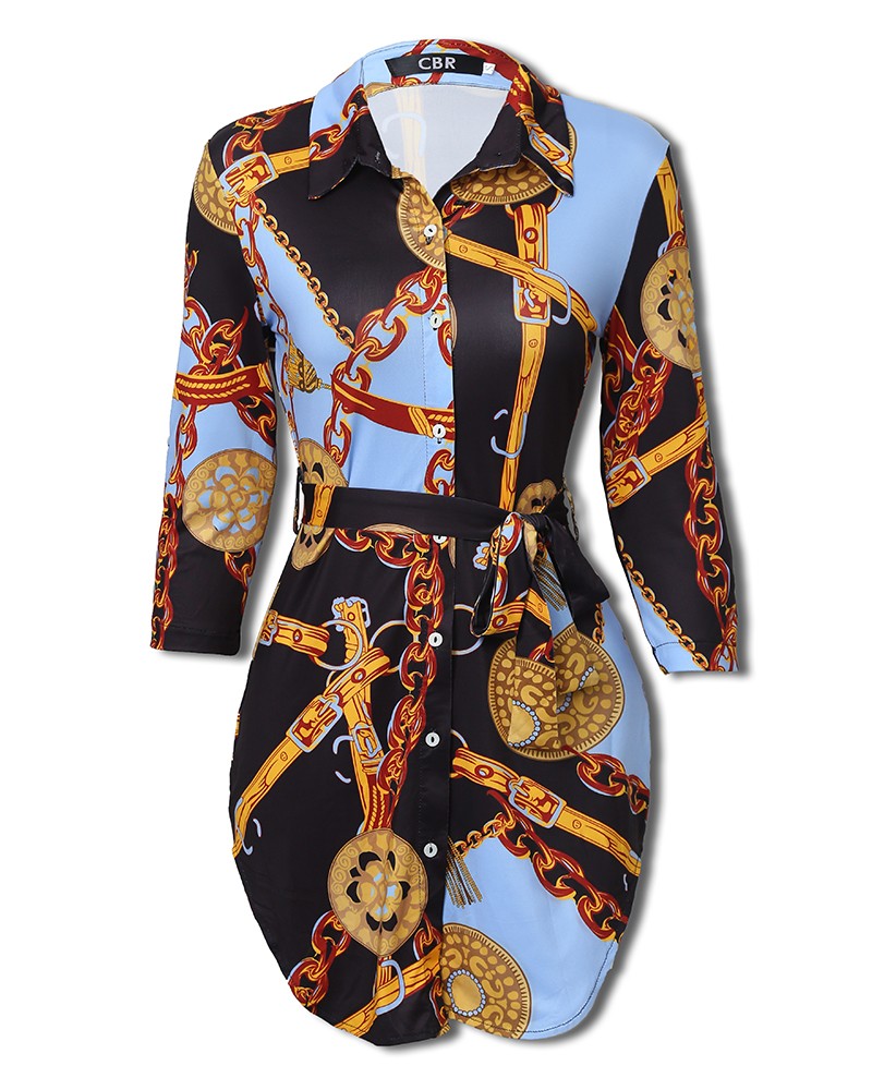 chains print belted casual shirt dress