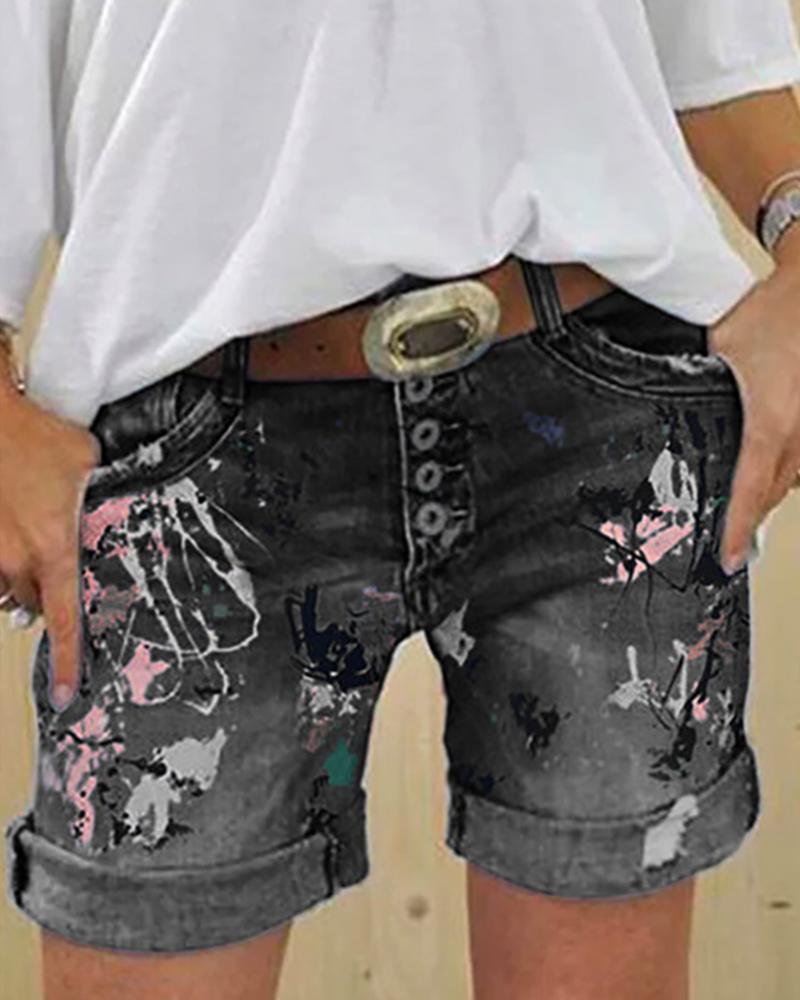 

Print Buttoned Pockets Denim Shorts, Black