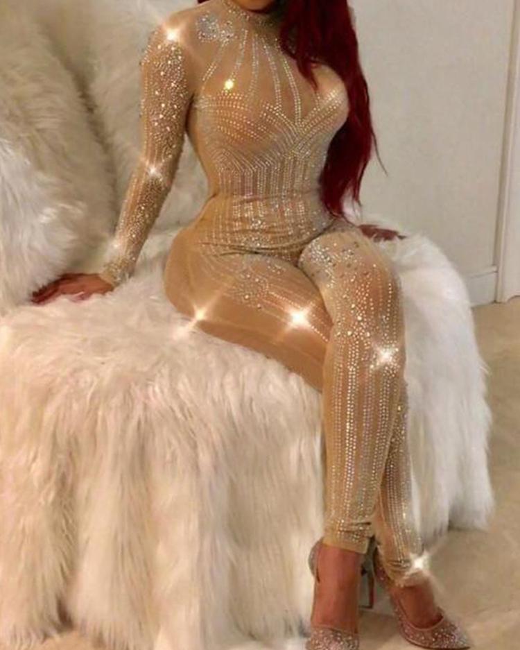 glittering embellished mesh skinny jumpsuit