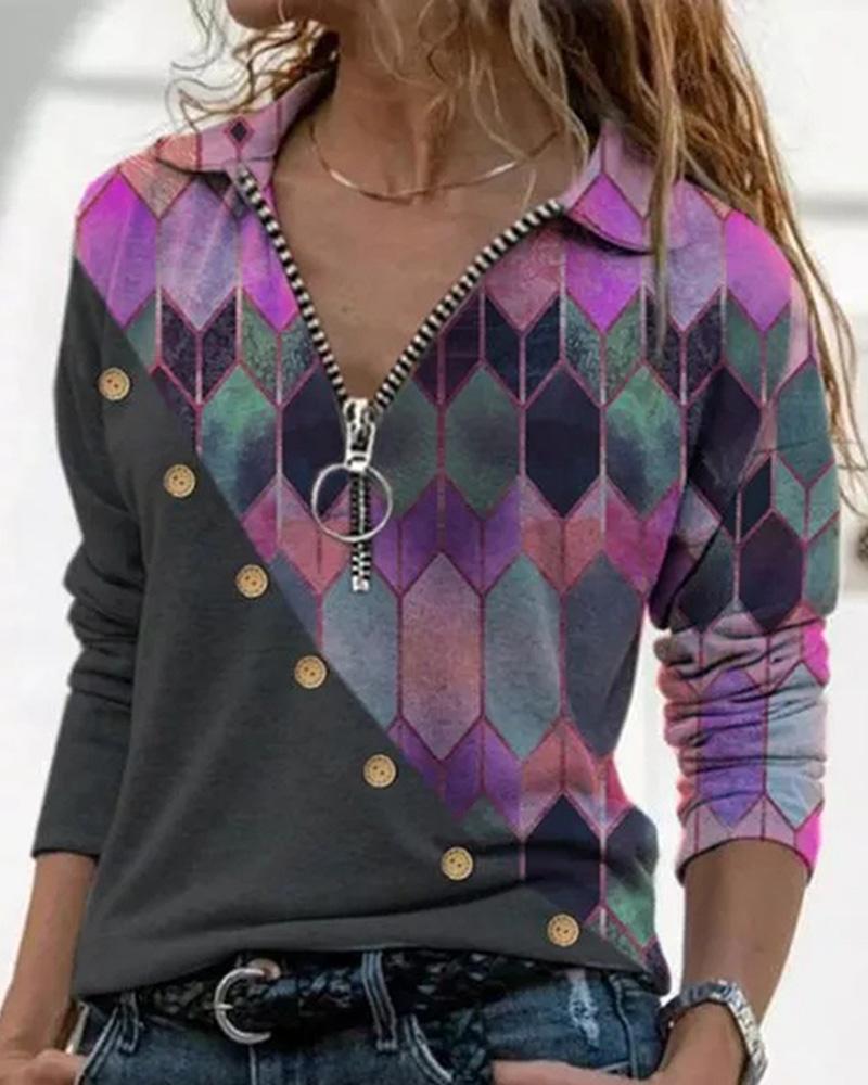

Abstract Print Zipper Design Women Blouse, Purple