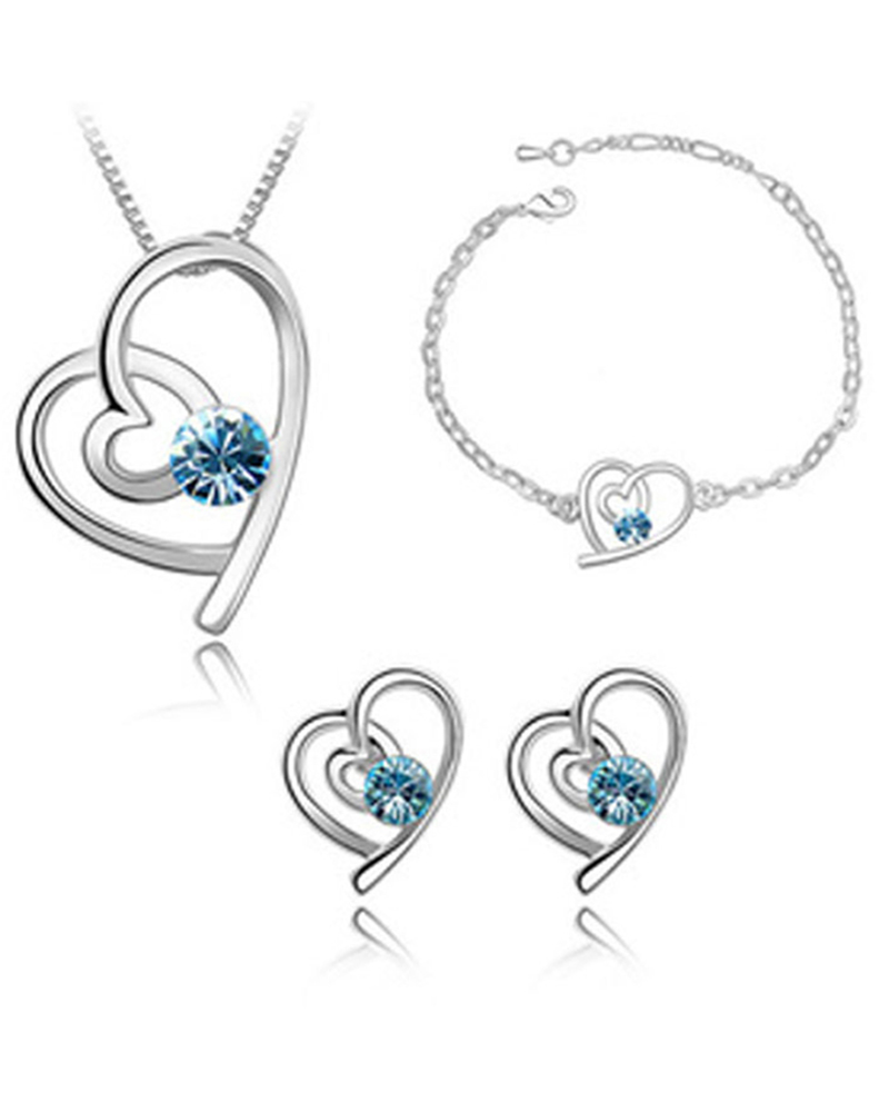 

4PCS Heart Shaped Rhinestone Pendant Necklace & Earrings & Bracelet Set, Blue