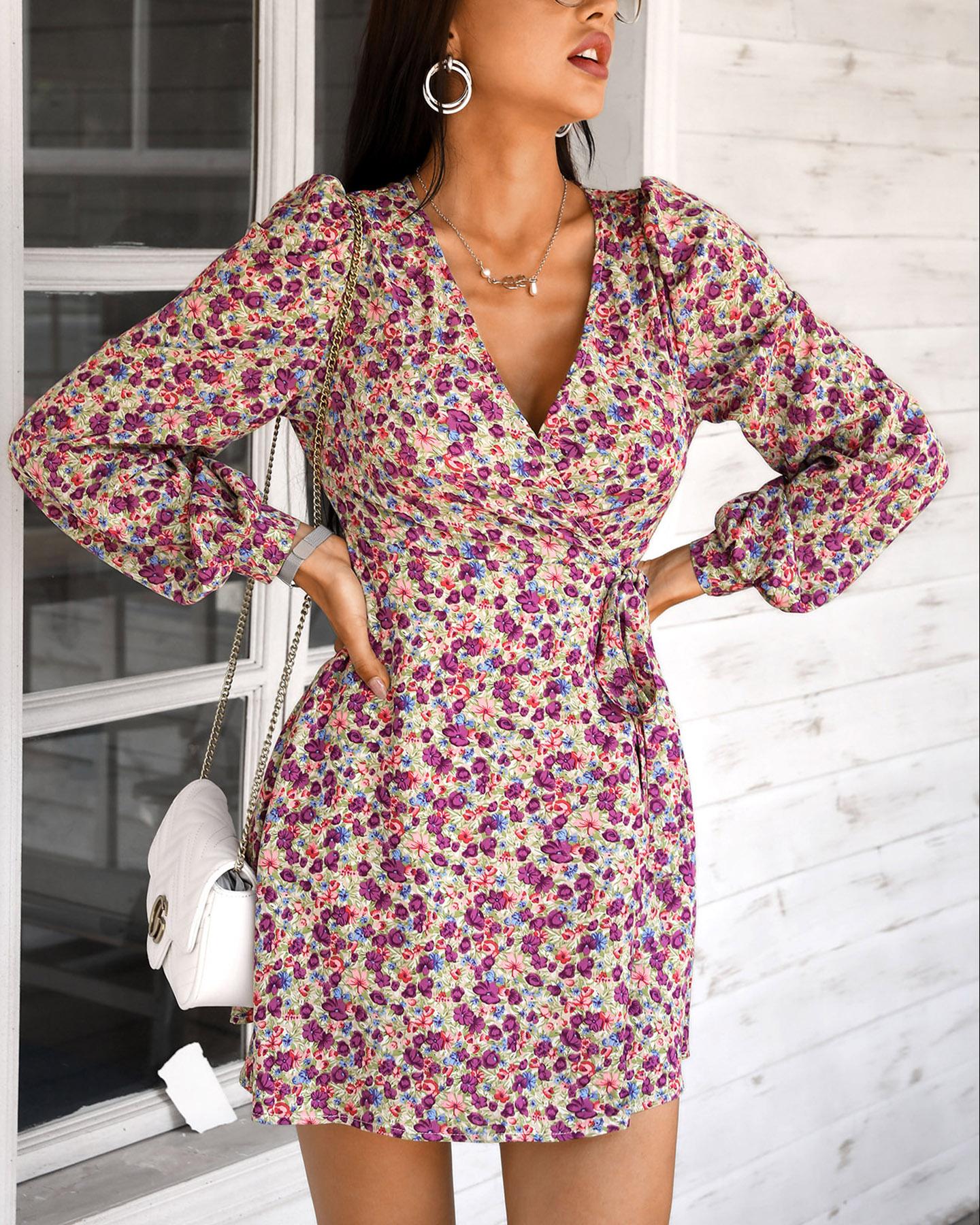 

Puffed Sleeve Knotted Floral Print Dress, Purple