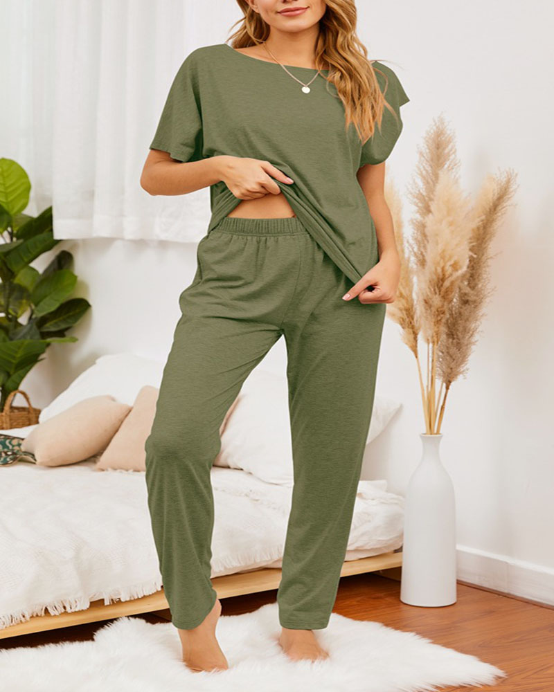 

Solid Short Sleeve T-shirt With Pants Suit Sets, Army green