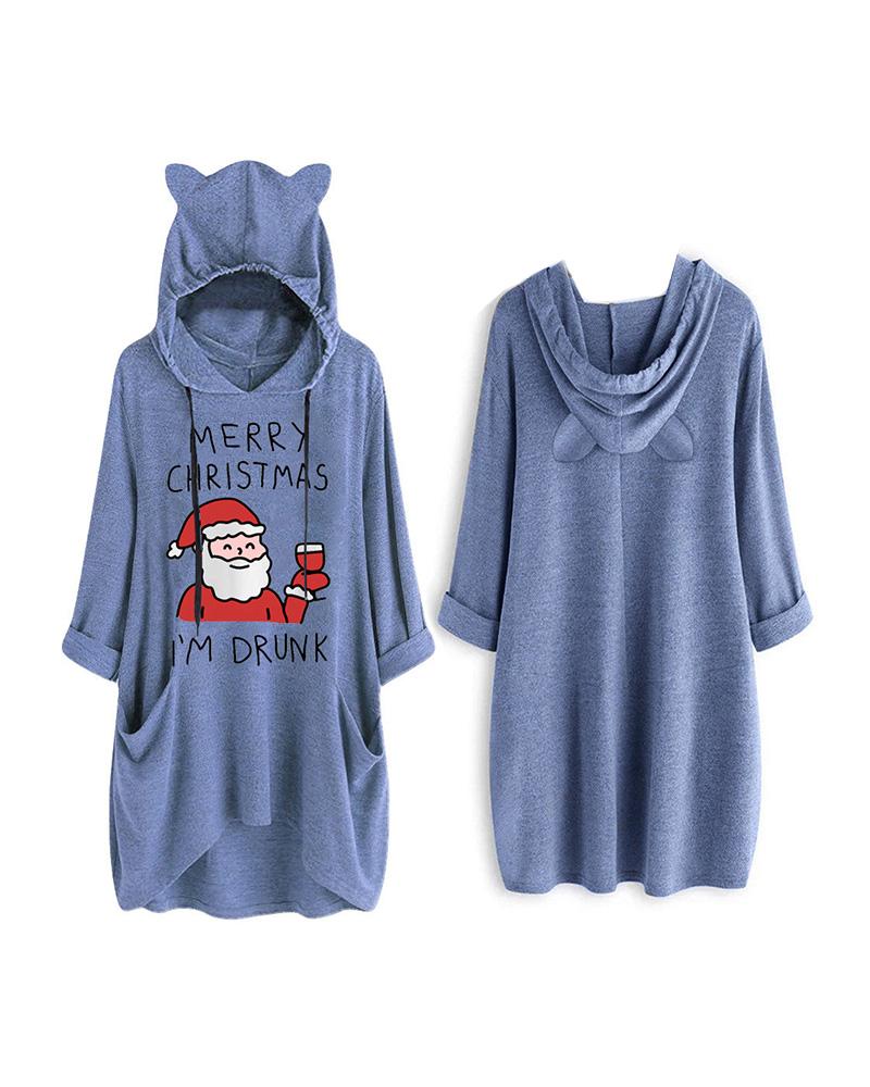 

Christmas Letter Santa Print Hooded Top, Blue