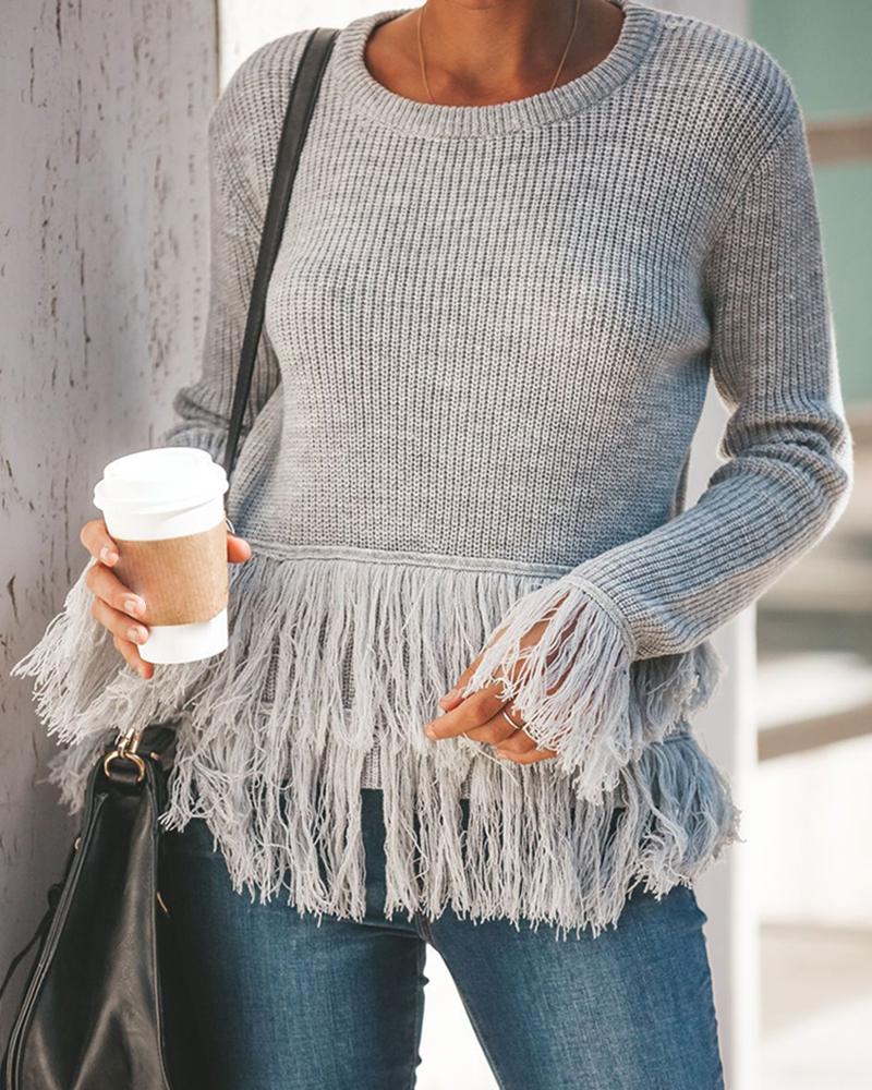 

Tassel Detail Long Sleeve Sweater, Gray