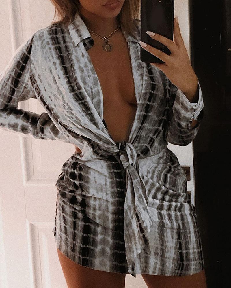 

Tie Dye Print Long Sleeve Shirt Dress, Gray