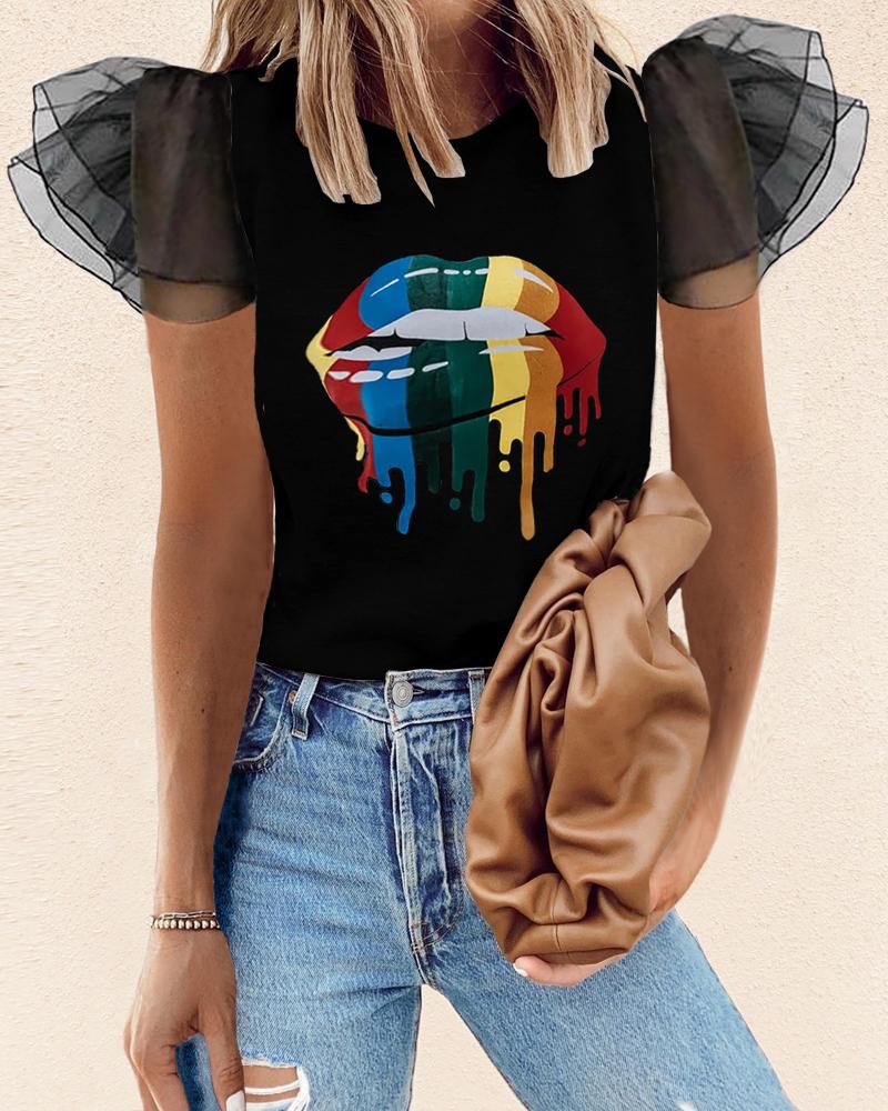 

Studded Flutter Sleeve Mesh T-shirt, Black