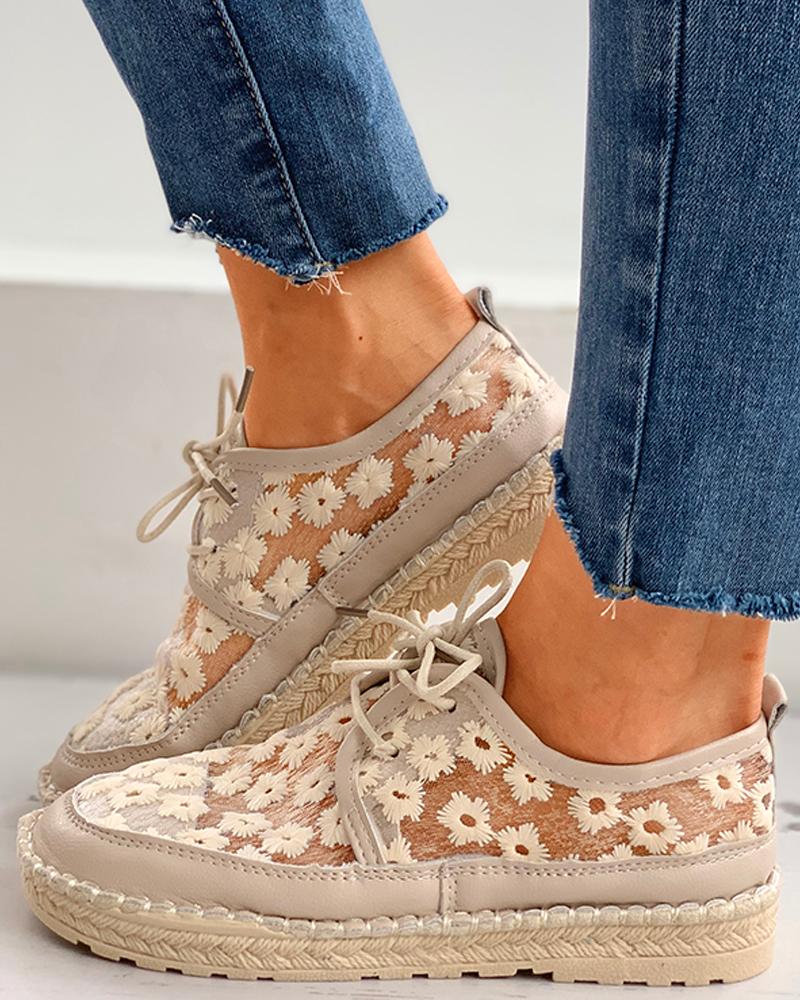 

Floral Pattern Woven Flax Lace-up Sneakers, Apricot