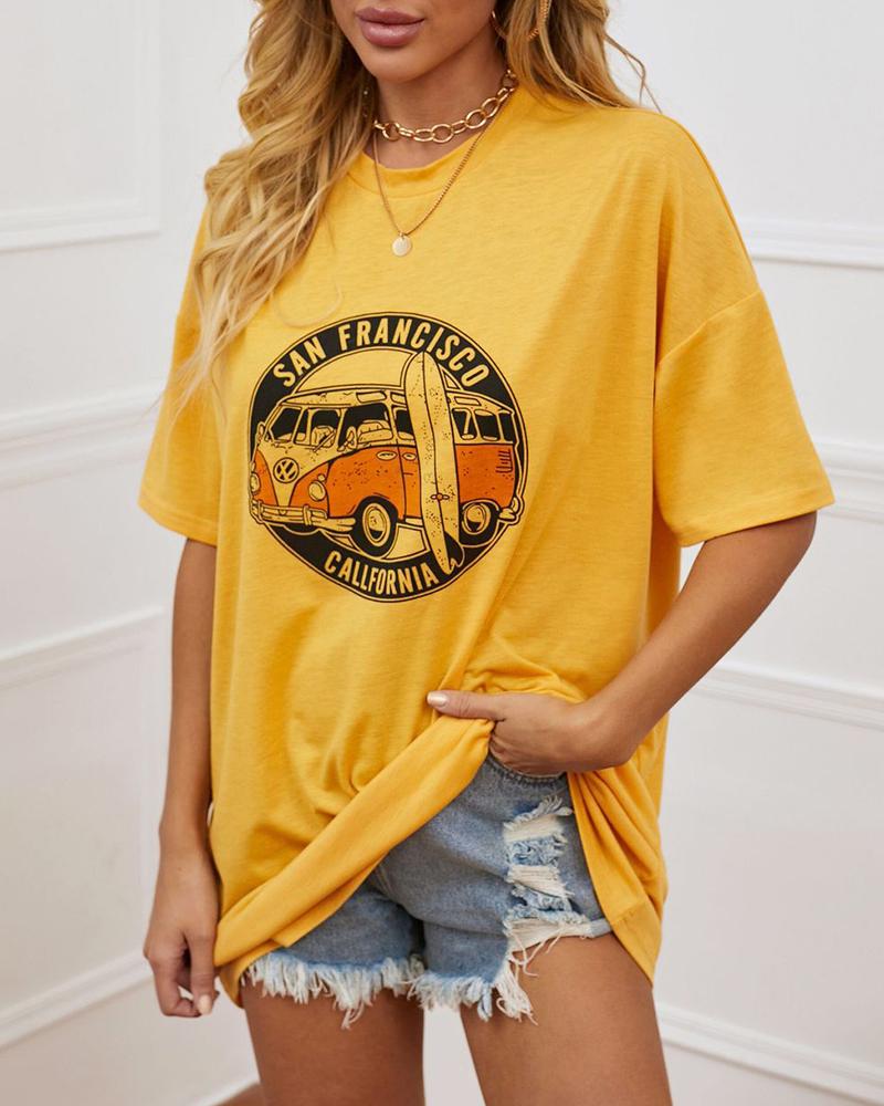 

Graphic Print Short Sleeve Casual T-shirt, Yellow