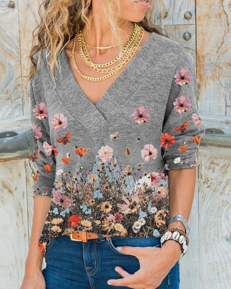 

Multicolor Floral Print Long Sleeve Blouse, Gray