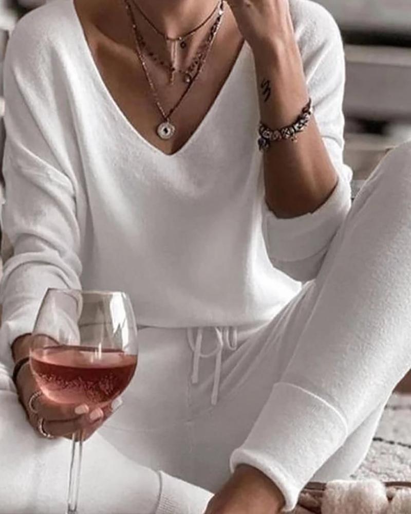 

V-Neck Drawstring Long Sleeve Casual Pajamas Set, White