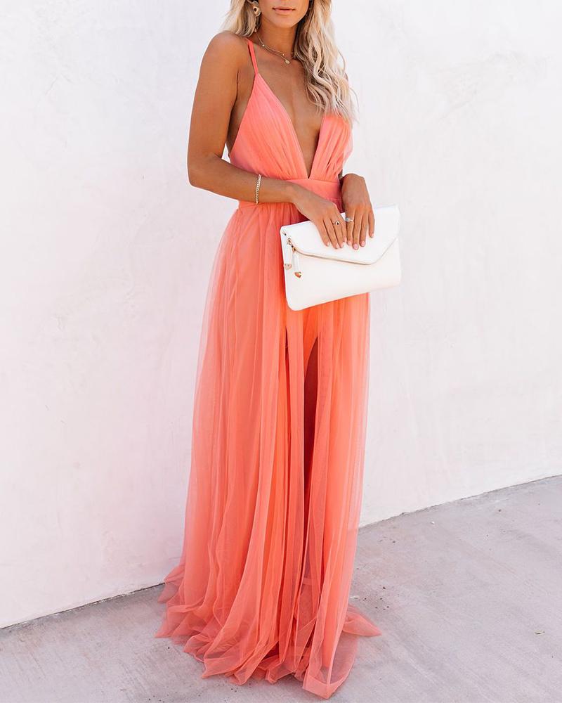 

Solid Color Mesh Backless Sling Maxi Dress, Orange