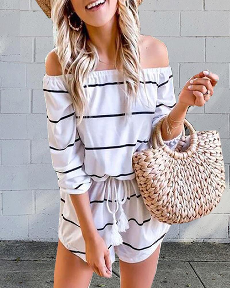 

Off Shoulder Striped Drawstring Casual Romper, White