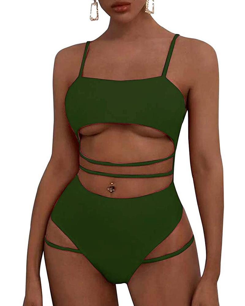 

Push up Strappy High Waisted Cutout One Piece Swimsuit, Green