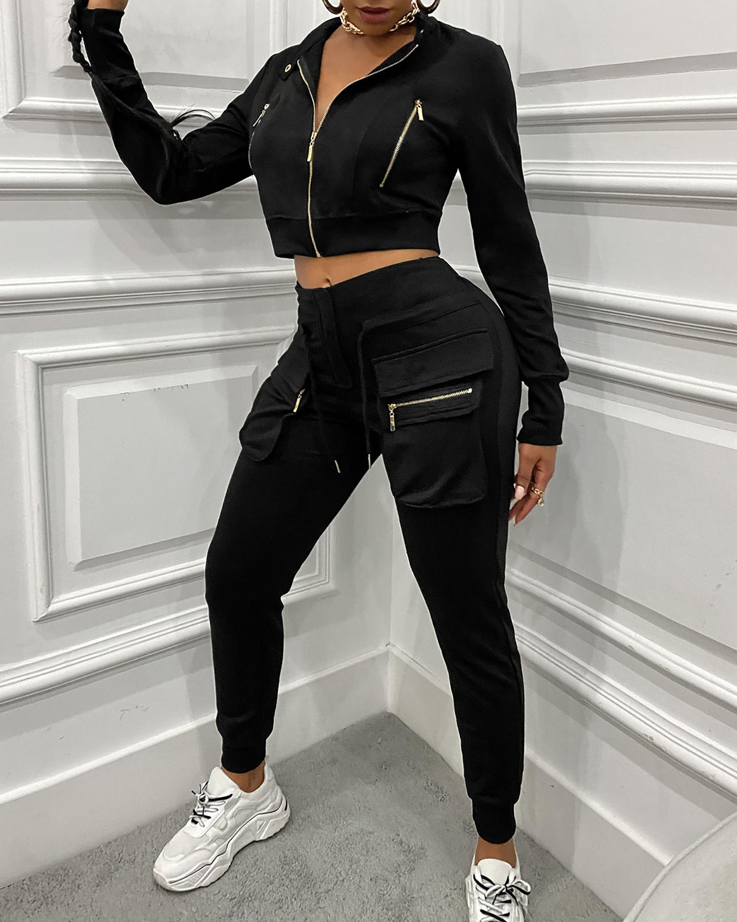 

Zipper Design Crop Top & Cargo Pants Sets, Black
