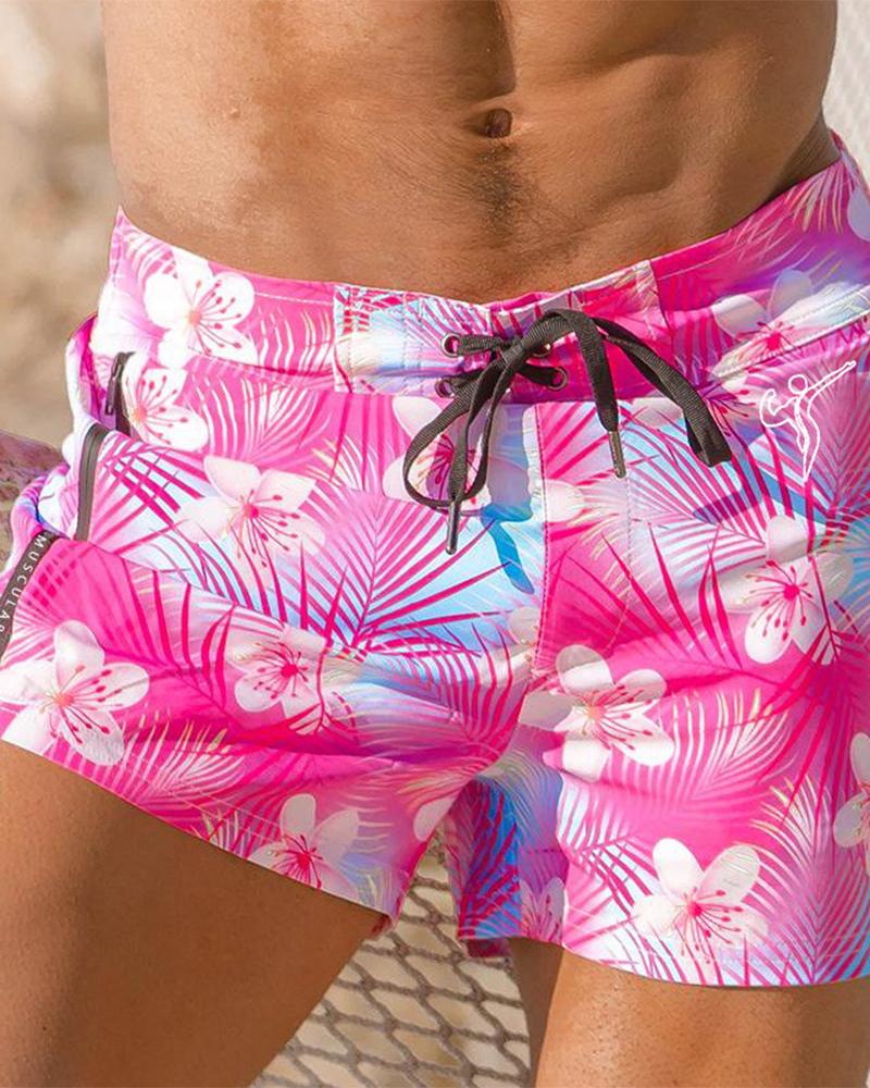

All Over Print Drawstring Short Pants, Pink