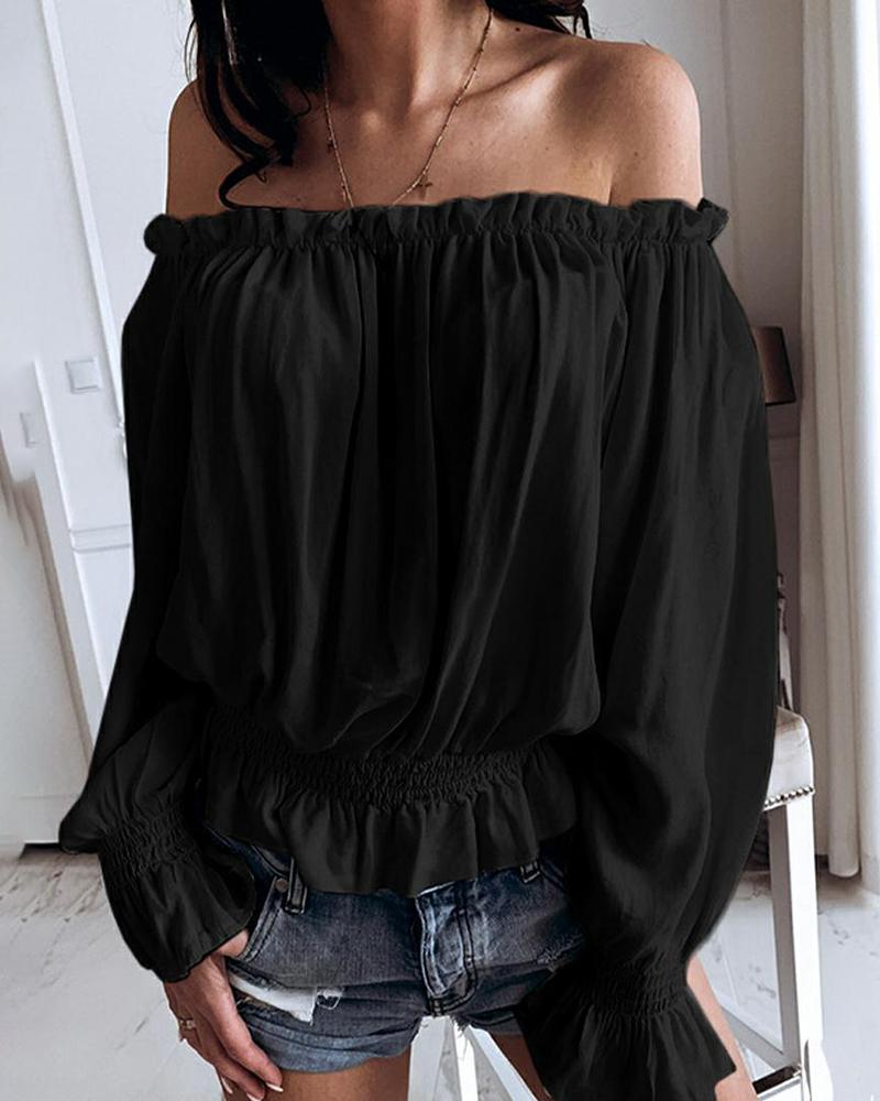 

Off Shoulder Frill Hem Ruched Bell Sleeve Women Blouse, Black