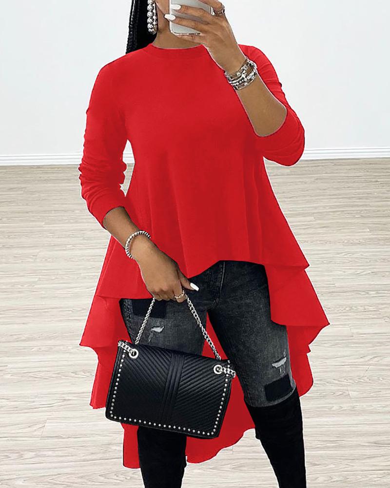 

Solid Ruffles Dip Hem Blouse, Red