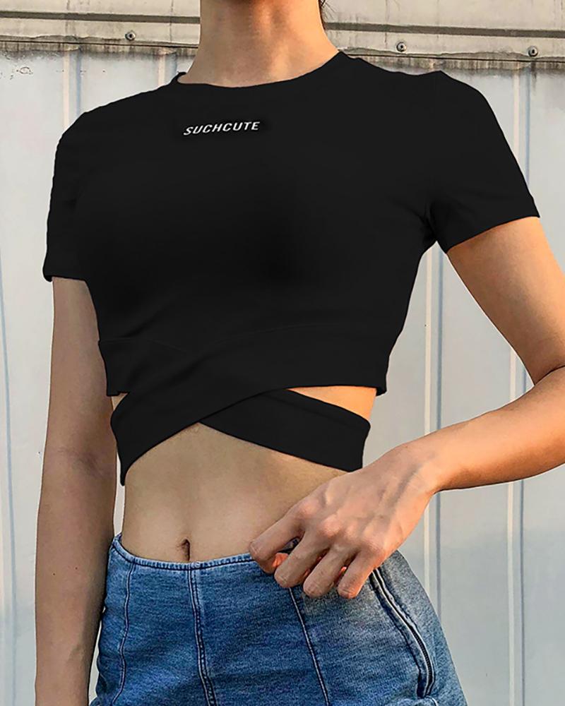 

Letter Print Crisscross Crop Top, Black