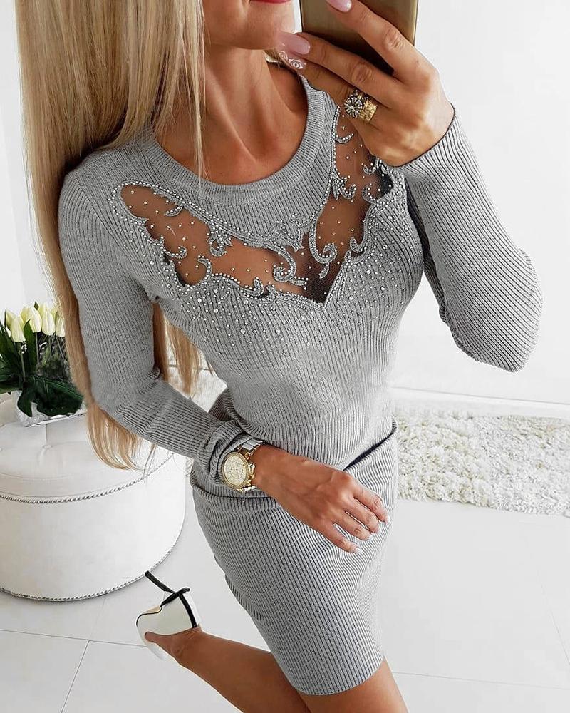 

Hot Stamping Ribbed Long Sleeve Cut Out Bodycon Dress, Gray