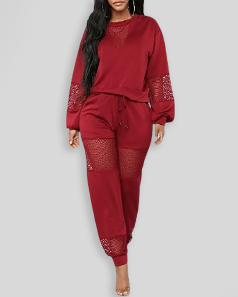 

Plain Cutout Lace Top & Pants Set, Red