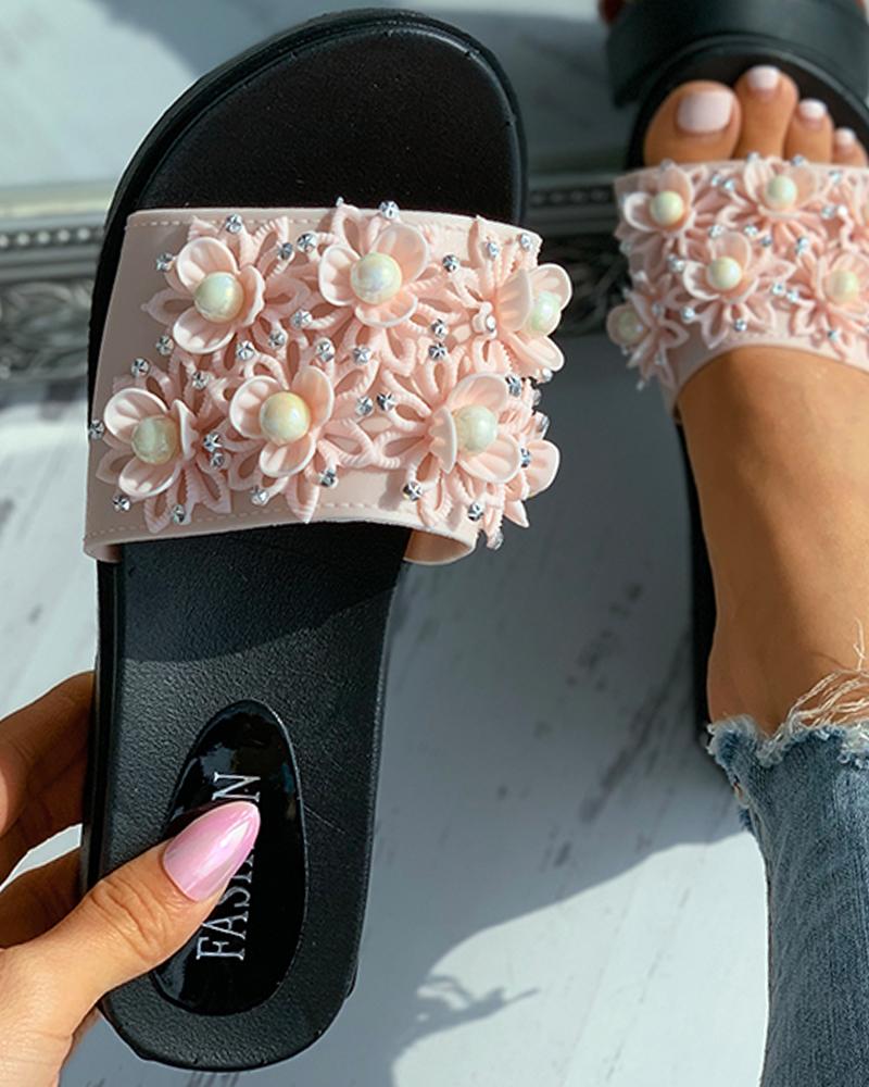

Floral Pattern Beaded Flat Sandals, Pink