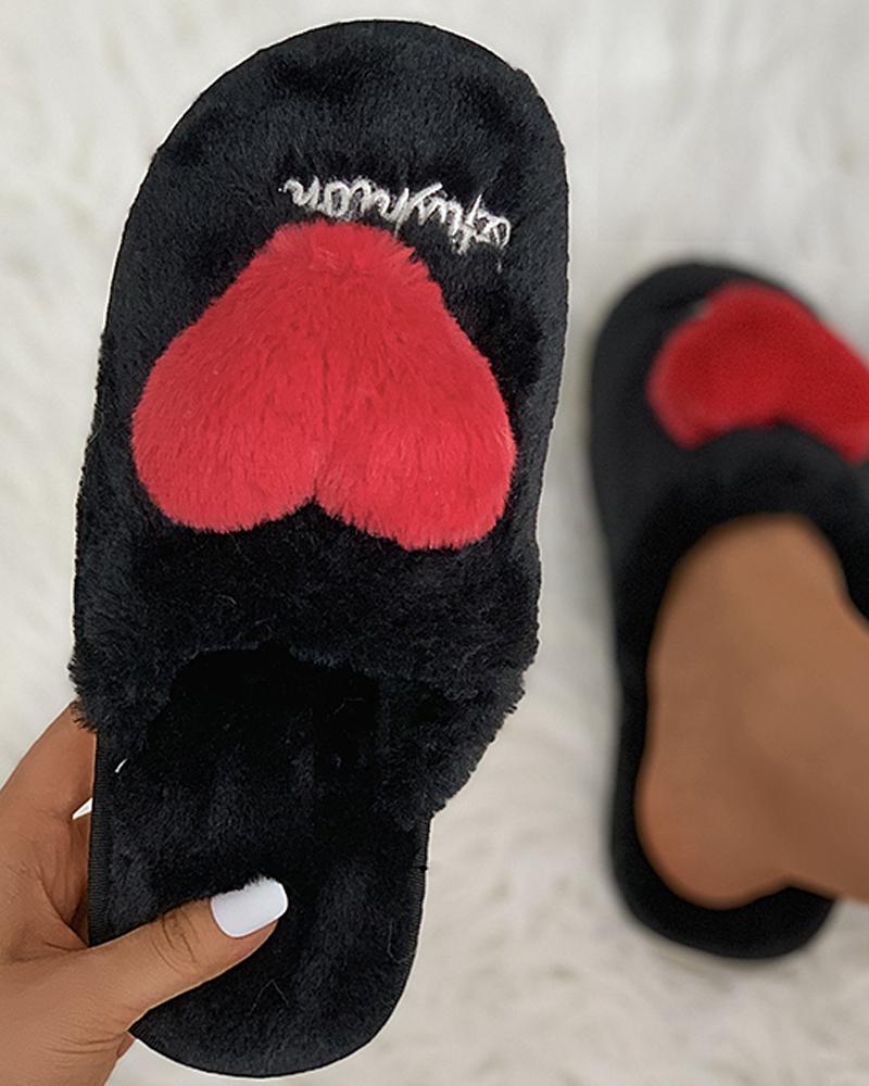 

Heart Pattern Letter Embroidery Fluffy Slippers, Black